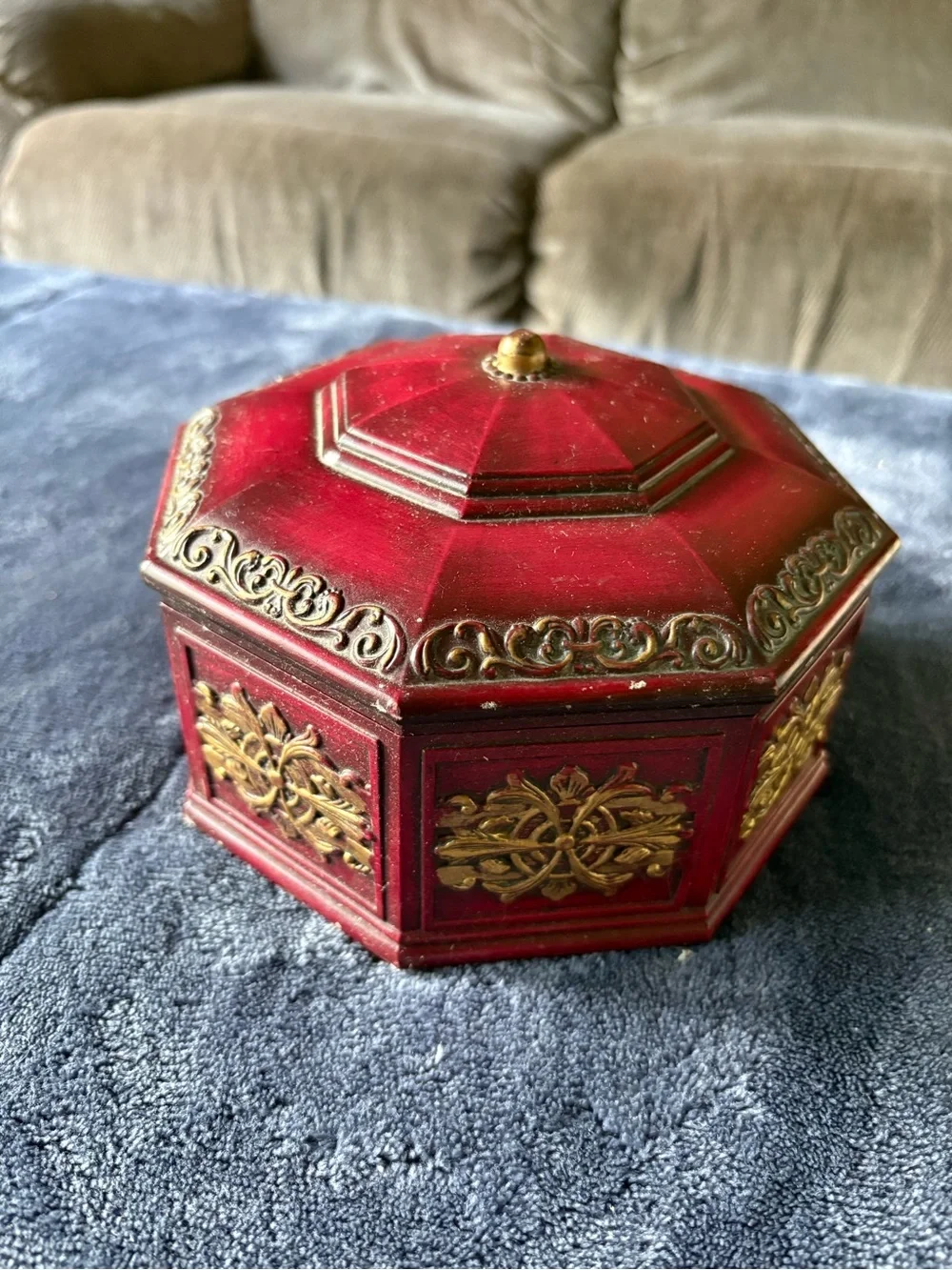 Decorative Hexagonal Jewelry Box with Gold Accents & Mirror